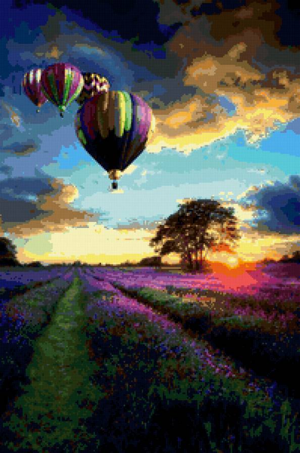На большом воздушном шаре - закат, воздушный шар, пейзаж - предпросмотр