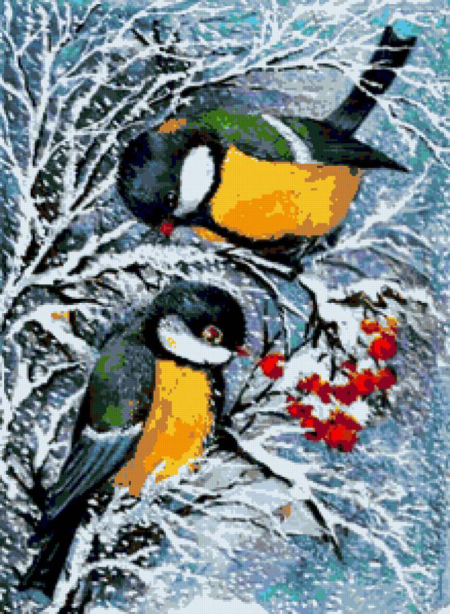 Синички и рябина - птицы, синички, синицы, птички, ягодки, рябина - предпросмотр