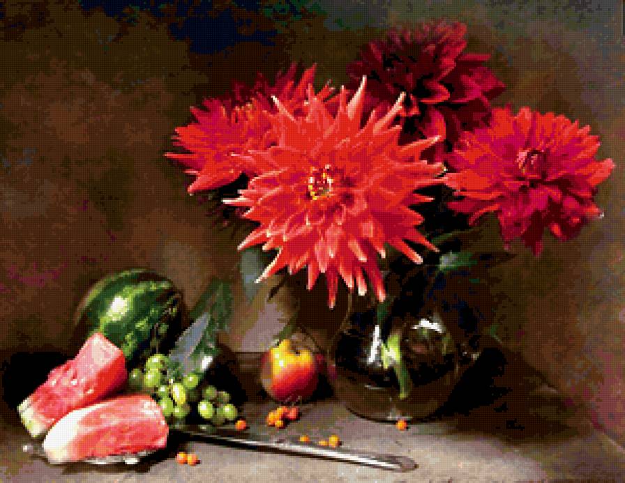 Георгиновое пламя - арбуз, георгины, натюрморт, цветы - предпросмотр