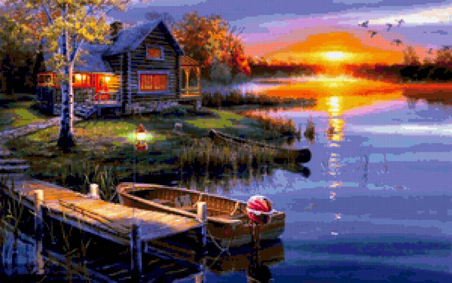 Закат - закат, картина, дом, речка, вода, лодка, пейзаж - предпросмотр