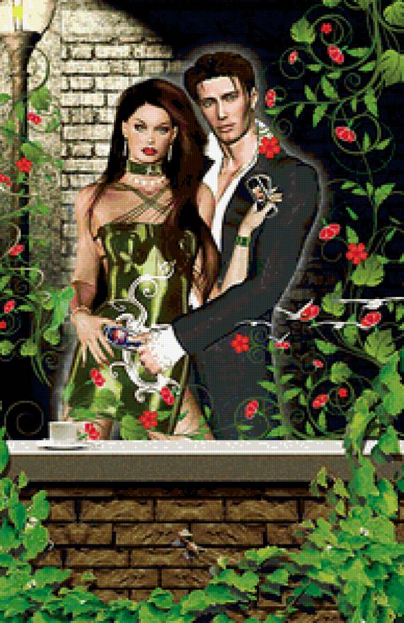 Молодые - любовь, балкон, вечер, фонарь, двое, цветы, романтика - предпросмотр