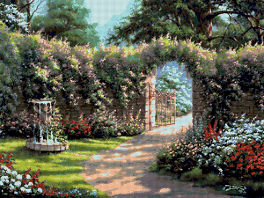 №236546 - калитка, цветы, природа, сад, картина - предпросмотр