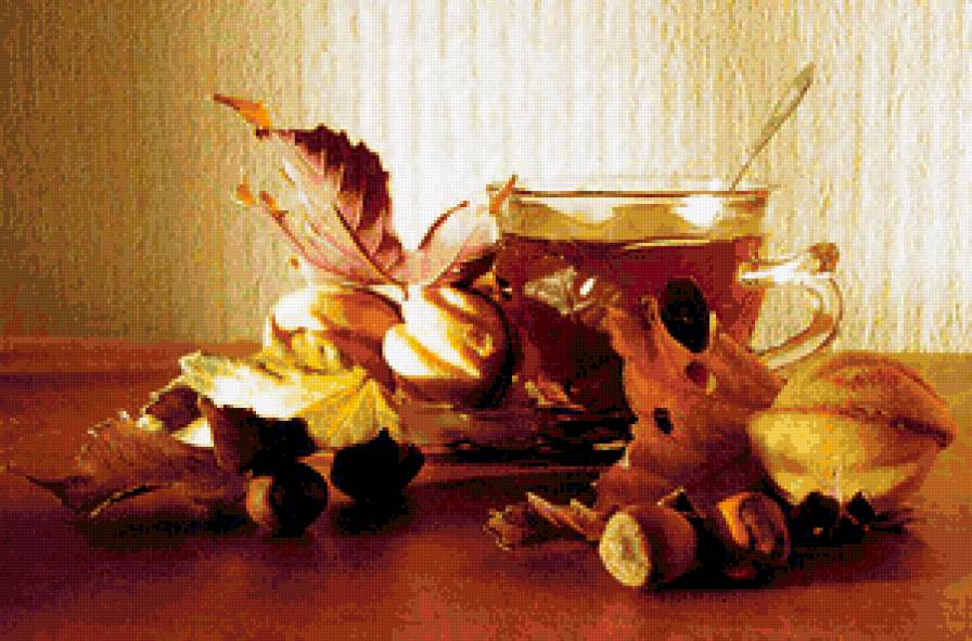 натюрморт - натюрморт, листья, орехи, осень, чай - предпросмотр