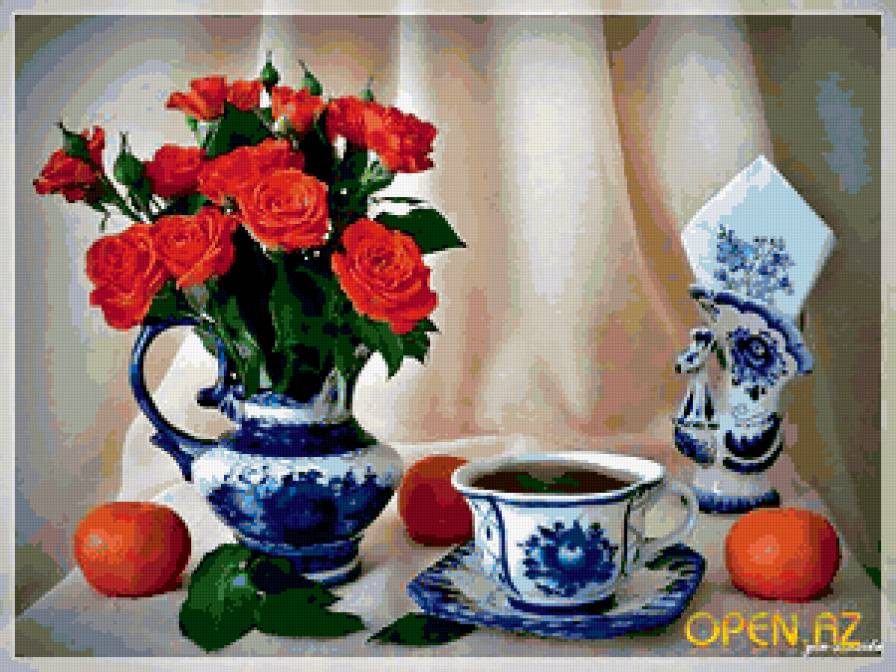 ЧАЕПИТИЕ - гжель, цитрус, цветы, к чаю, мандарины, посуда-гжель, розы - предпросмотр