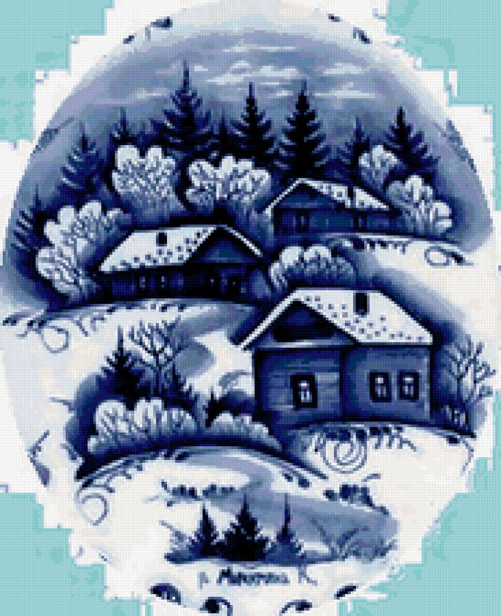 ГЖЕЛЬ - холм, лес, пейзаж с гжелью, природа, домики, пейзаж - предпросмотр