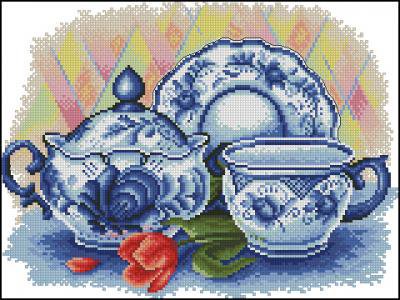 ГЖЕЛЬ - тюльпан, натюрморт с гжелью, пасуда- гжель - оригинал