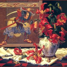 Натюрморт Самурай и красные лилии