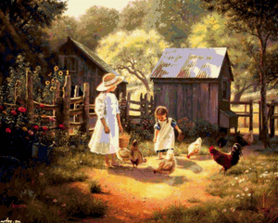 Птичий двор 2 - деревня, двор, девочка, птицы - предпросмотр