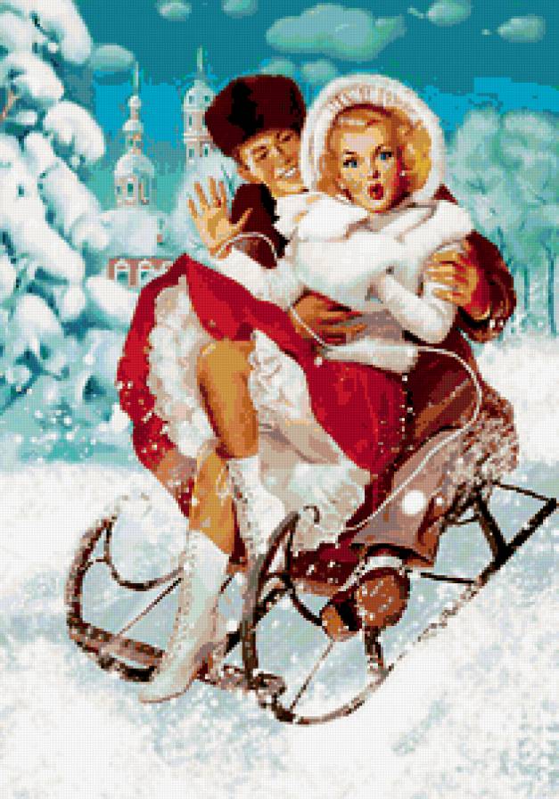 мужчина и женщина - флирт, любовь, двое, санки, влюбленные, пара, зима, пинап - предпросмотр