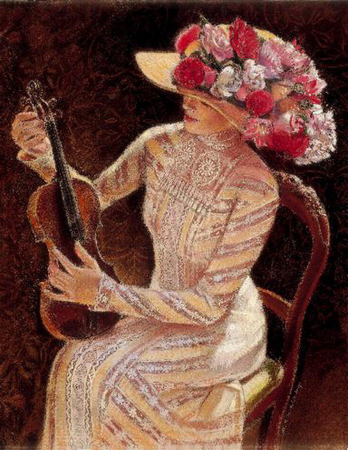 5. Серия "Викторианский стиль" Сью  Холстенбёрг - платье, скрипка, шляпа, женщина, цветы, стул - оригинал