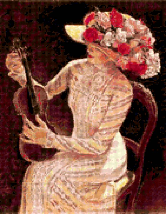 5. Серия "Викторианский стиль" Сью  Холстенбёрг - цветы, скрипка, стул, шляпа, платье, женщина - предпросмотр