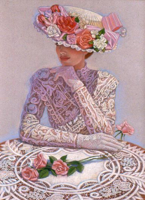 10. Серия "Викторианский стиль" Сью  Холстенбёрг - шляпа, кружева, женщина, розы, цветы - оригинал