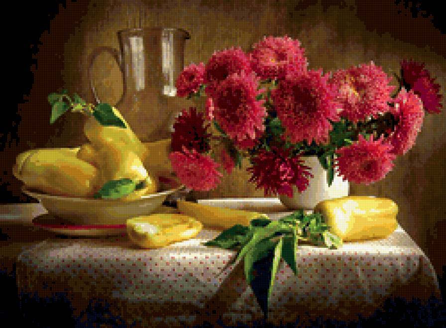 натюрморт - натюрморт, цветы, перец, астры - предпросмотр