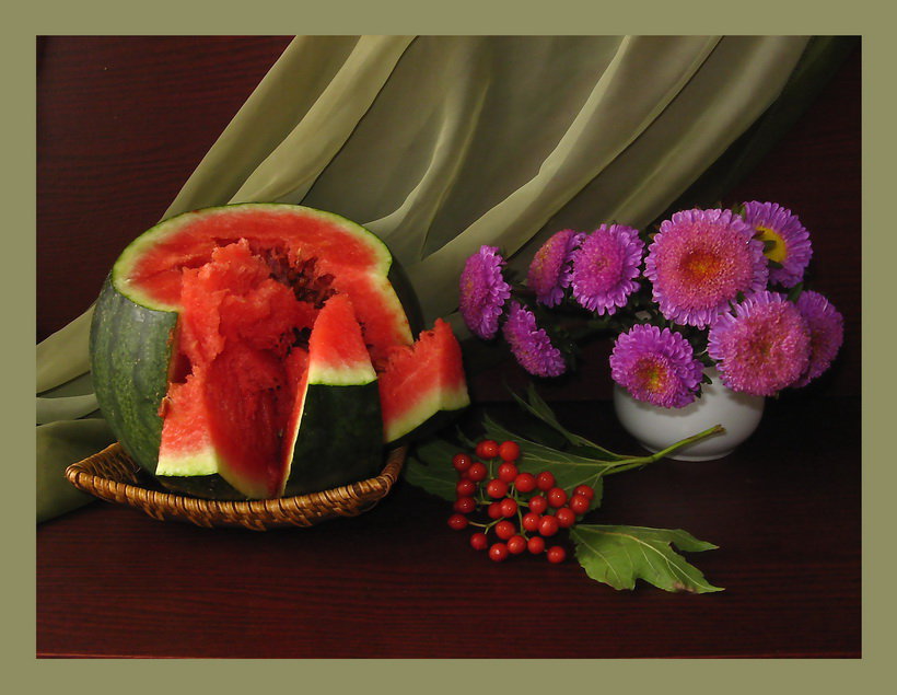 натюрморт - цветы, арбуз, букет, натюрморт, астры - оригинал