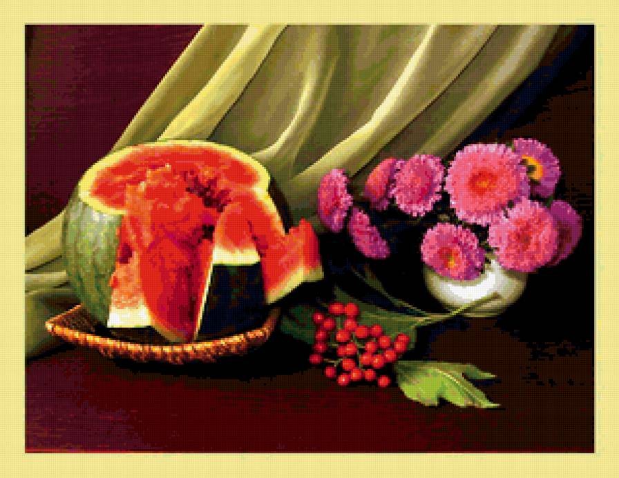 натюрморт - астры, цветы, букет, арбуз, натюрморт - предпросмотр