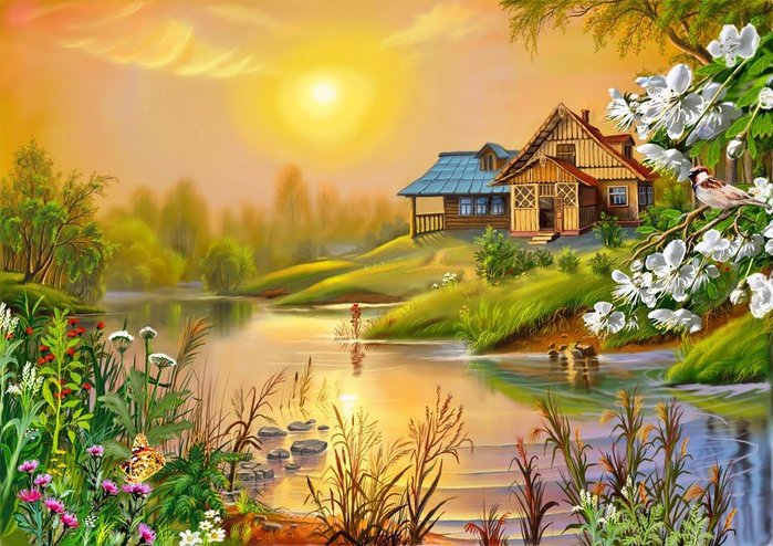 №238142 - сказка, природа, река, домик, цветы, солнце - оригинал