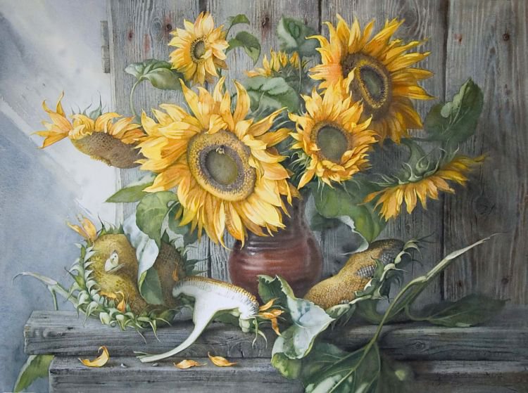подсолнухи - акварель е. базановой - оригинал
