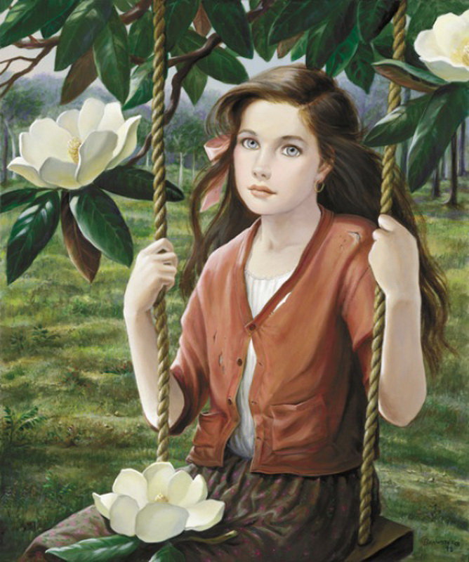 на качелях - девушка, цветы, качели - оригинал