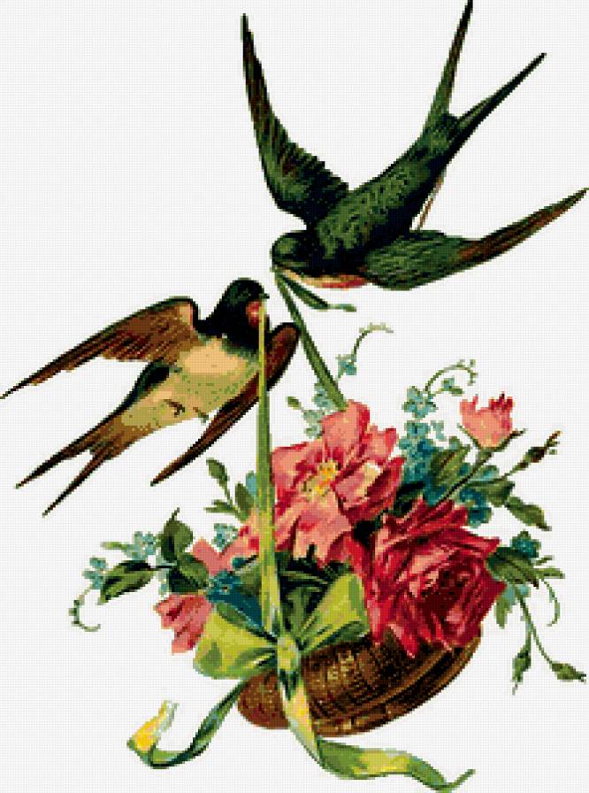 Подарок - птицы, корзина, цветы - предпросмотр