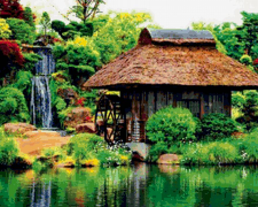 №239319 - сказка, лес, водопад, домик, озеро, река, природа - предпросмотр