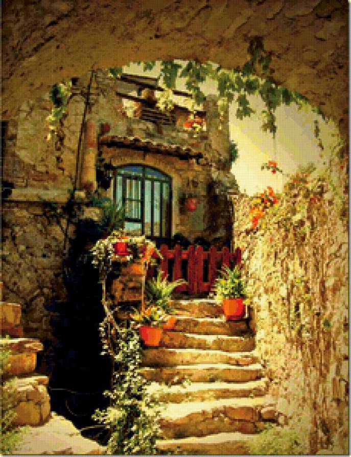 №239340 - сказка, окно, ступеньки, домик, цветы - предпросмотр