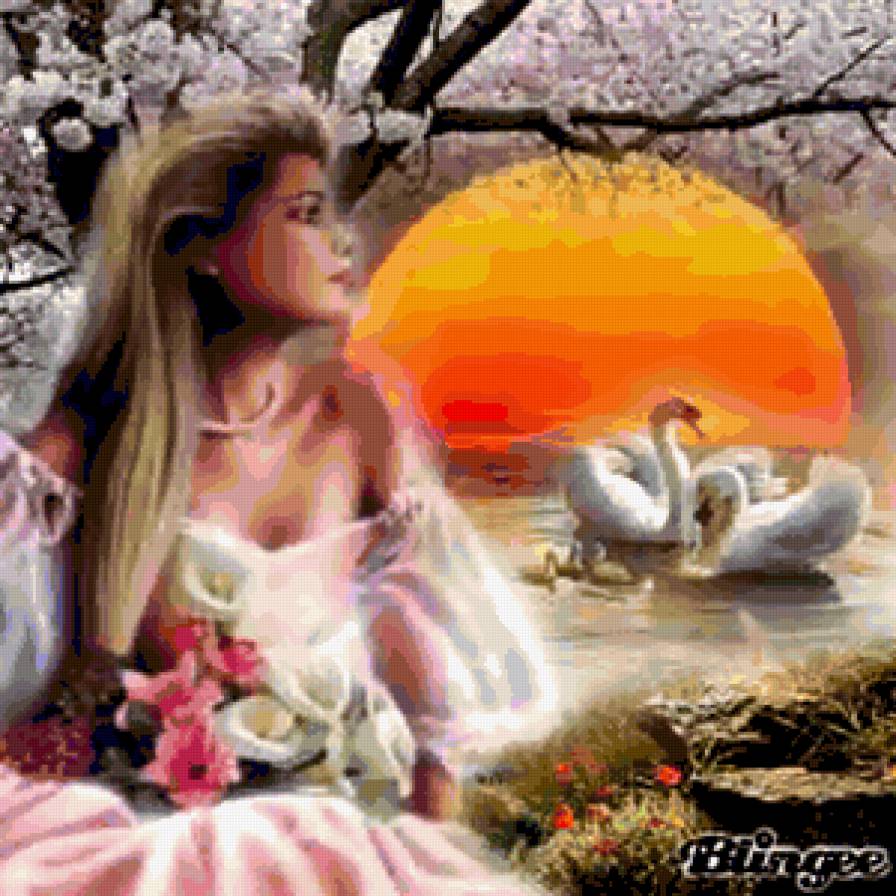 Весна. - лебеди, фентези, весна., девушка - предпросмотр