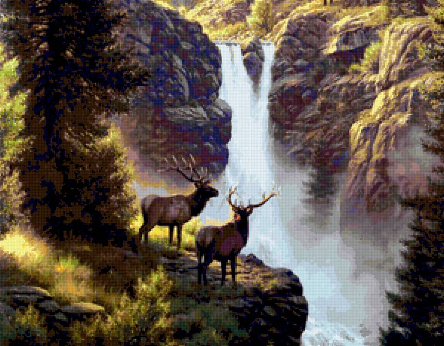 Олени. - пейзаж, олени, водопад., животные - предпросмотр