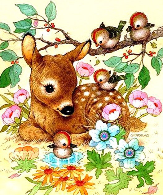 Олененок - птички, олень, животные - оригинал