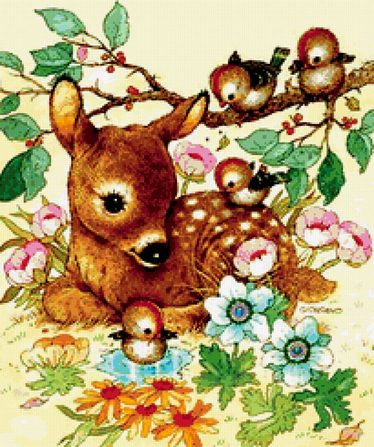 Олененок - птички, олень, животные - предпросмотр