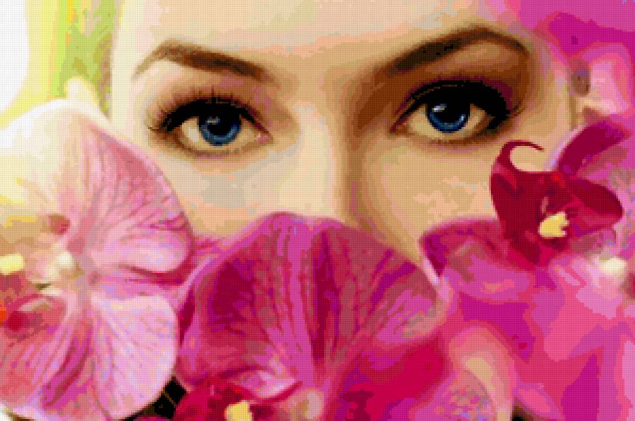 Орхидеи. - глаза, цветы, девушка, взгляд - предпросмотр