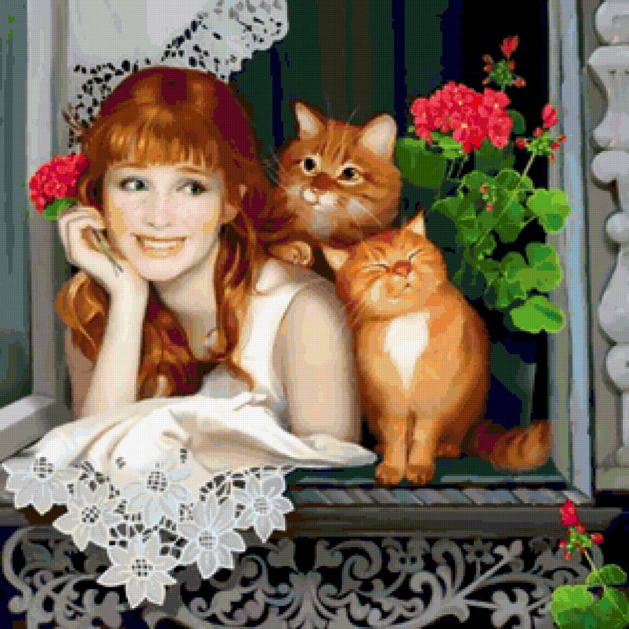 Девушка с котами. - девушка, коты, портрет - предпросмотр