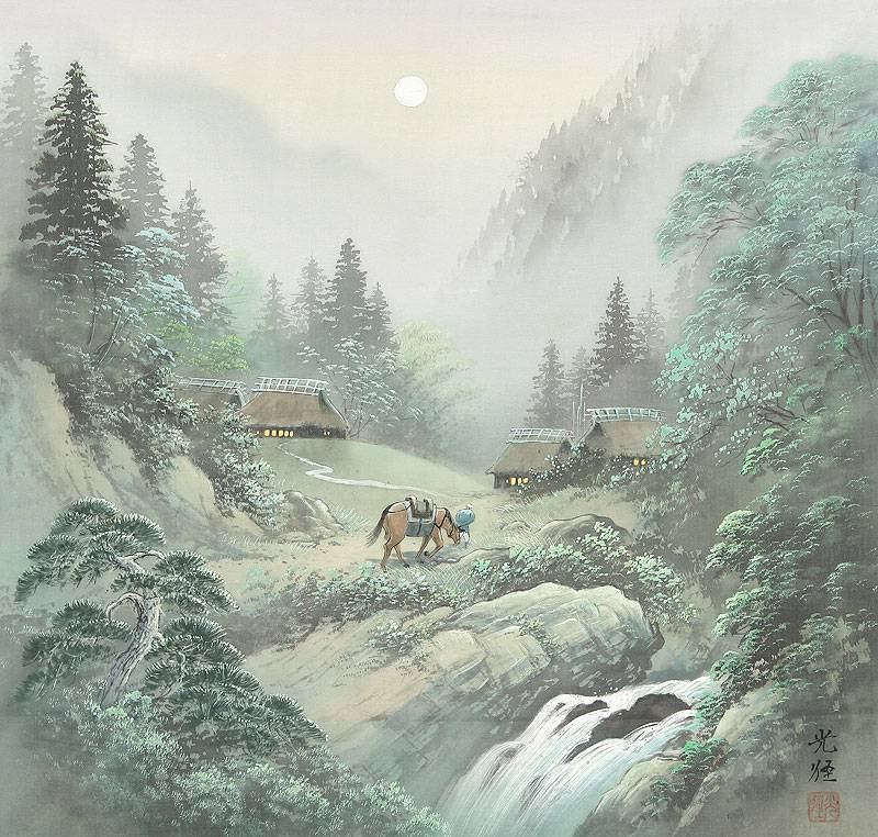 Китайский пейзаж - люди, горы, пейзаж, домик, животные - оригинал