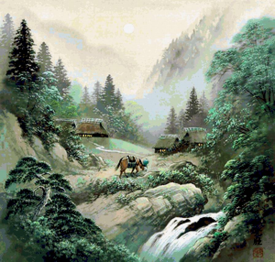Китайский пейзаж - люди, горы, животные, пейзаж, домик - предпросмотр