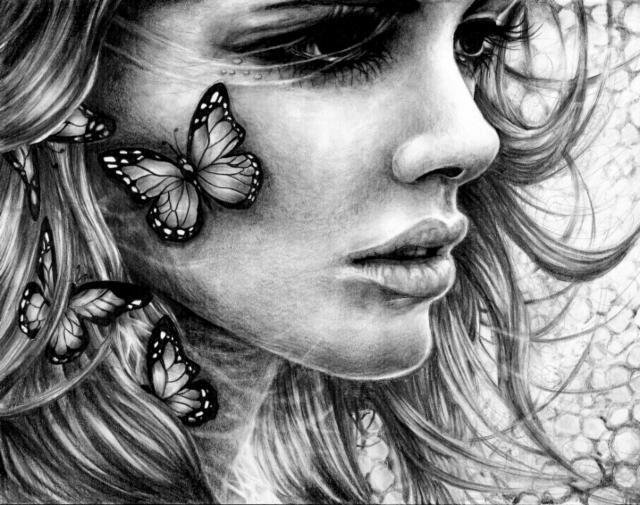 С бабочками - бабочки, одиночество, черно-белое, женщина, девушка, монохром - оригинал