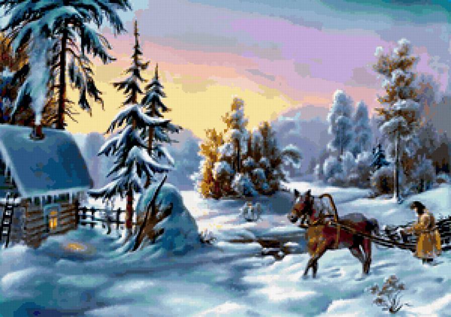 ЗИМНИЙ ПЕЙЗАЖ - дом, лошадь, времена года, зима, лес, снег - предпросмотр