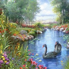 Пейзаж с лебедями