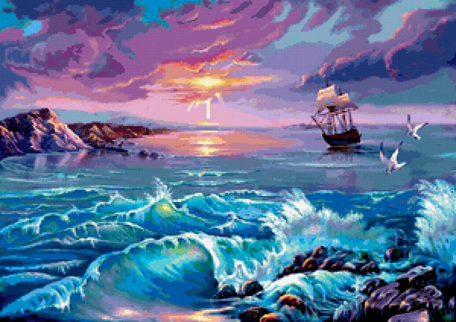 ПЕЙЗАЖ - закат, море, кораблик, природа, волны, чайки - предпросмотр