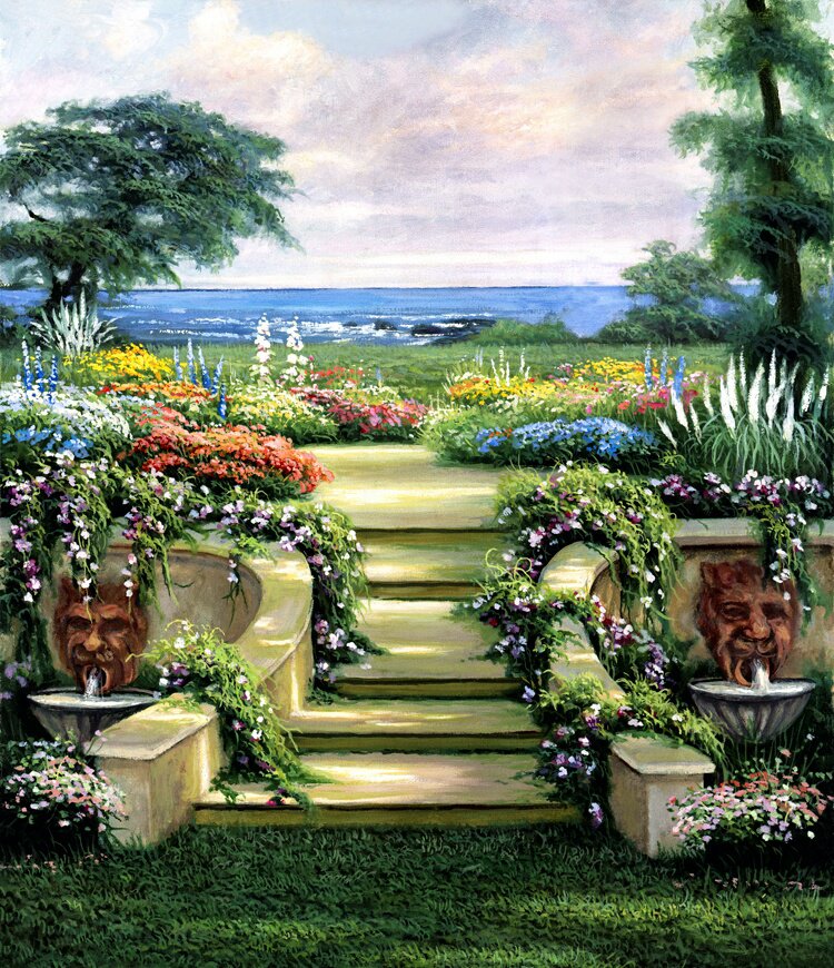 №242349 - картина, цветы, лестница, природа, пейзаж - оригинал