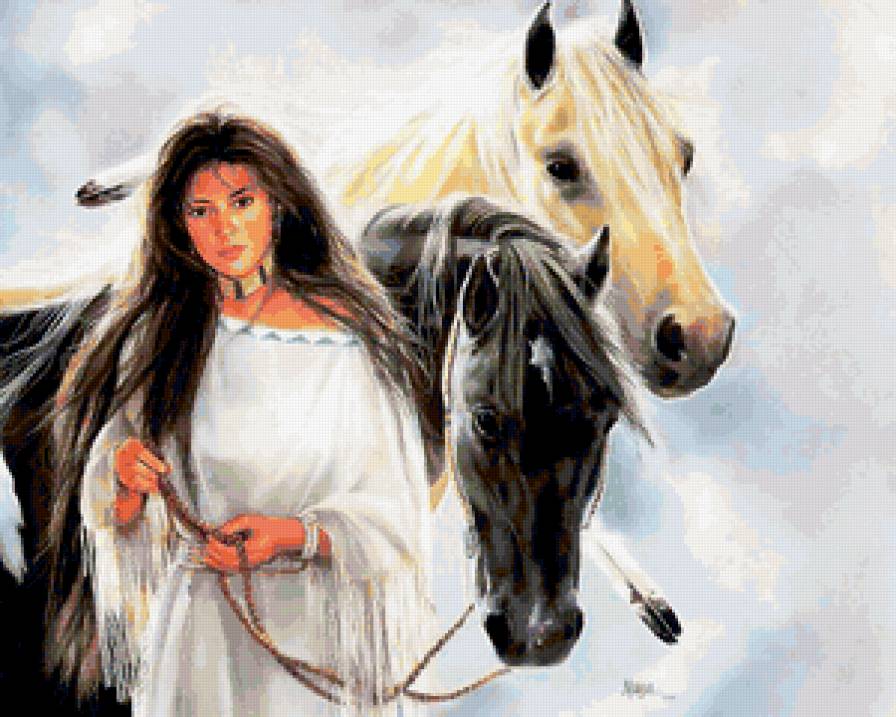 ИНДЕЙСКИЕ МОТИВЫ - индианка, индейцы, картина, древные народы, лошади - предпросмотр