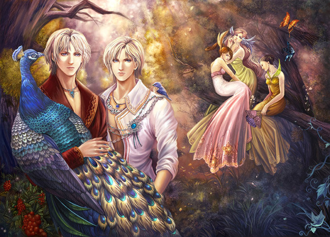 Дивный лес - юноши, фея, эльфы, павлин - оригинал