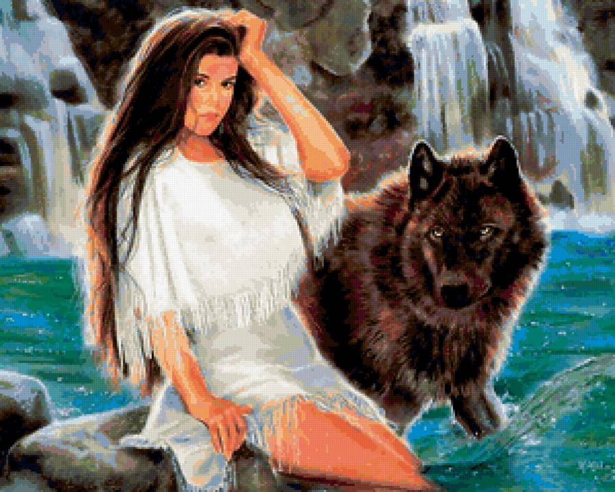 ИНДЕЙСКИЕ МОТИВЫ - волк, река, водопад, хищник, индейцы, древные народы, скалы - предпросмотр