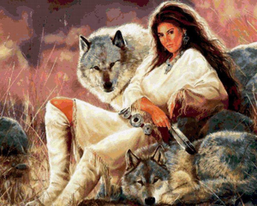 ИНДЕЙСКИЕ МОТИВЫ - хищник, волк, древные народы, индейцы, индианка, картина - предпросмотр