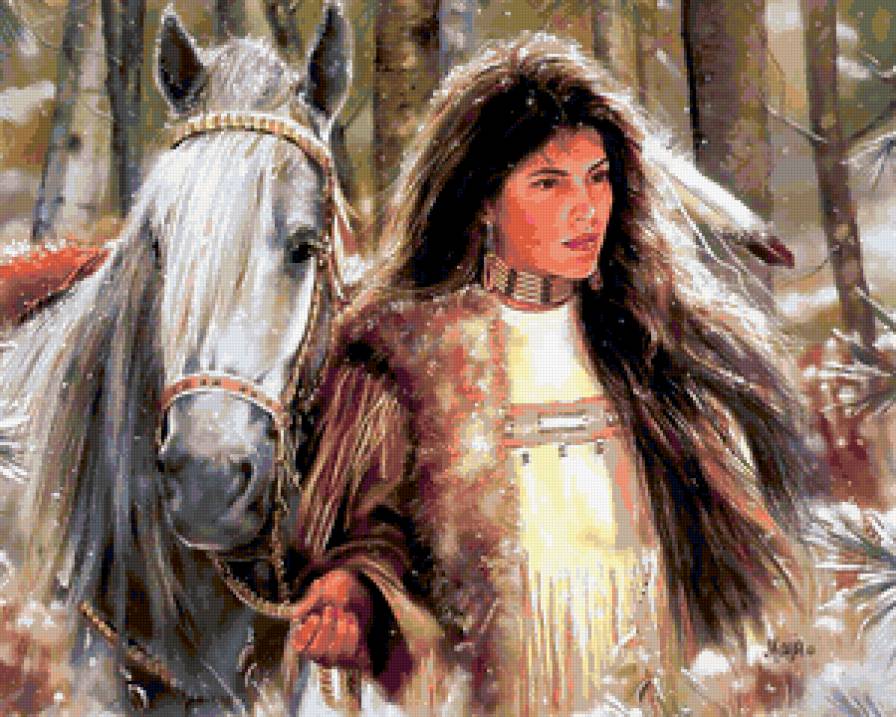 ИНДЕЙСКИЕ МОТИВЫ - картина, индианка, индейцы, лошади, древные народы - предпросмотр