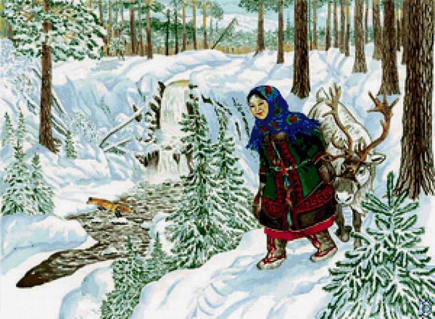 природа - лес, животные, зима, женщина, чукча - предпросмотр