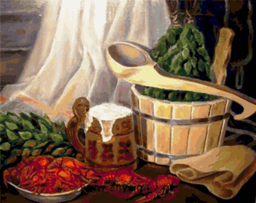 Банный натюрморт - раки, натюрморт, натюрморты, веники, пиво, баня - предпросмотр