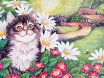 кошка в цветах - маргаритки, цветы, пейзаж, ромашки, кошка, кот, портрет, киса - оригинал