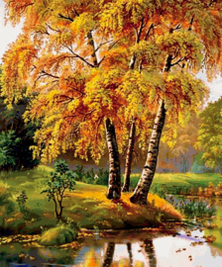 золотая осень - живопись, лес, пейзаж, природа, картина, парк, река - предпросмотр