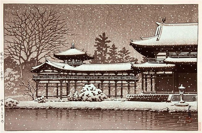 Япония - пейзаж, восток, япония, гравюра, зима, дом - оригинал