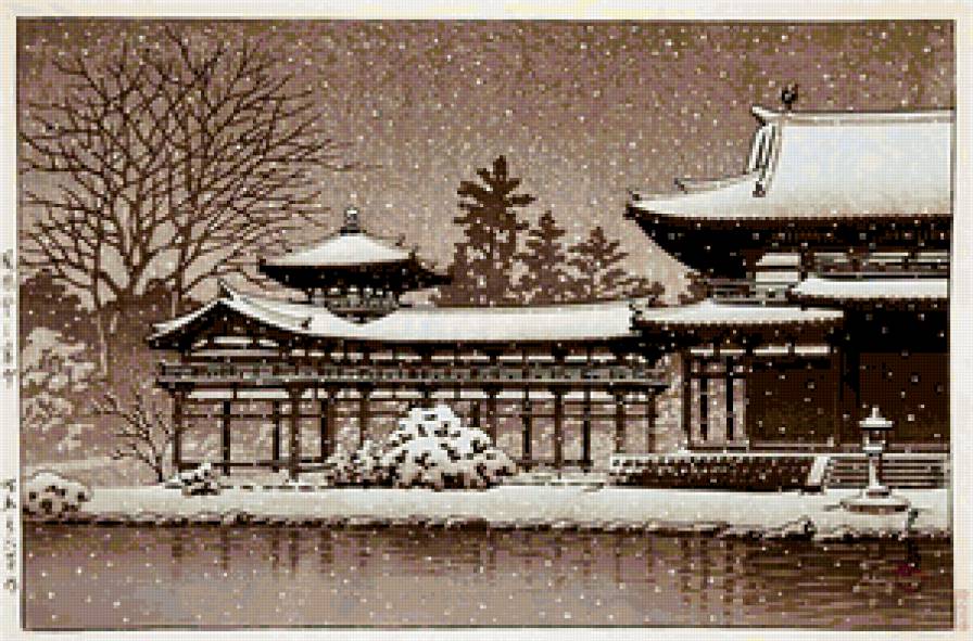 Япония - восток, япония, дом, гравюра, пейзаж, зима - предпросмотр