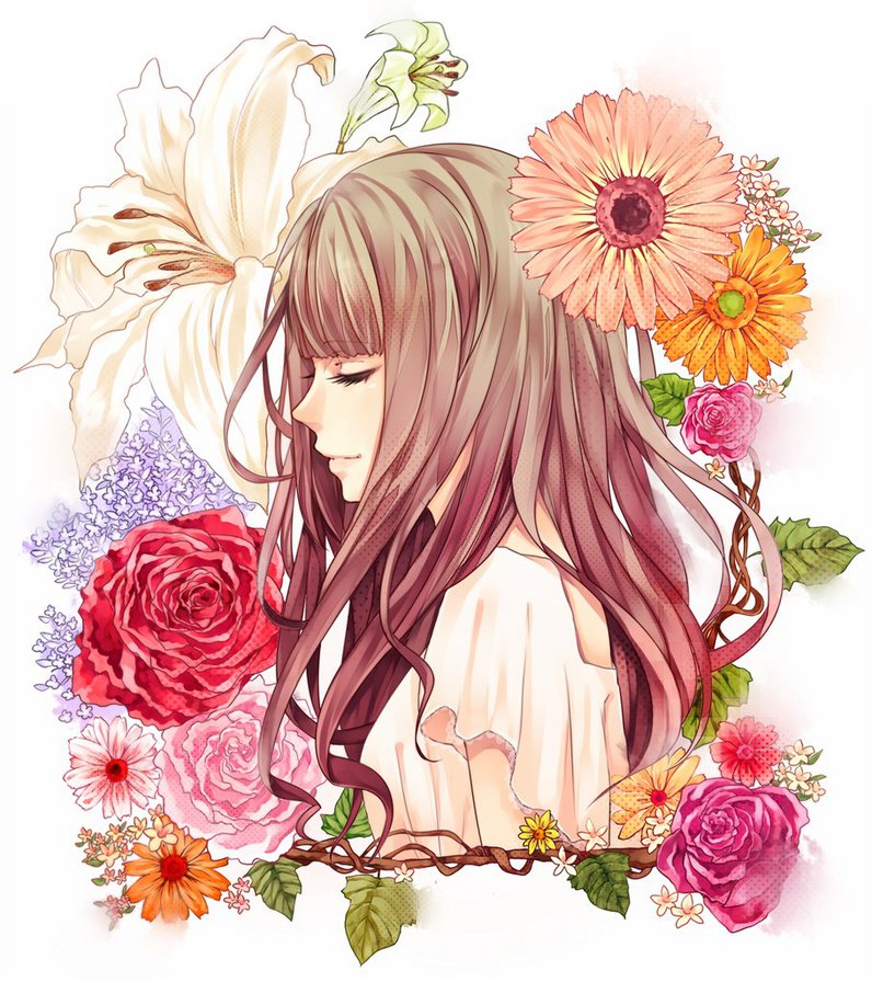 Девушка в цветах - цветы, аниме, девушка - оригинал